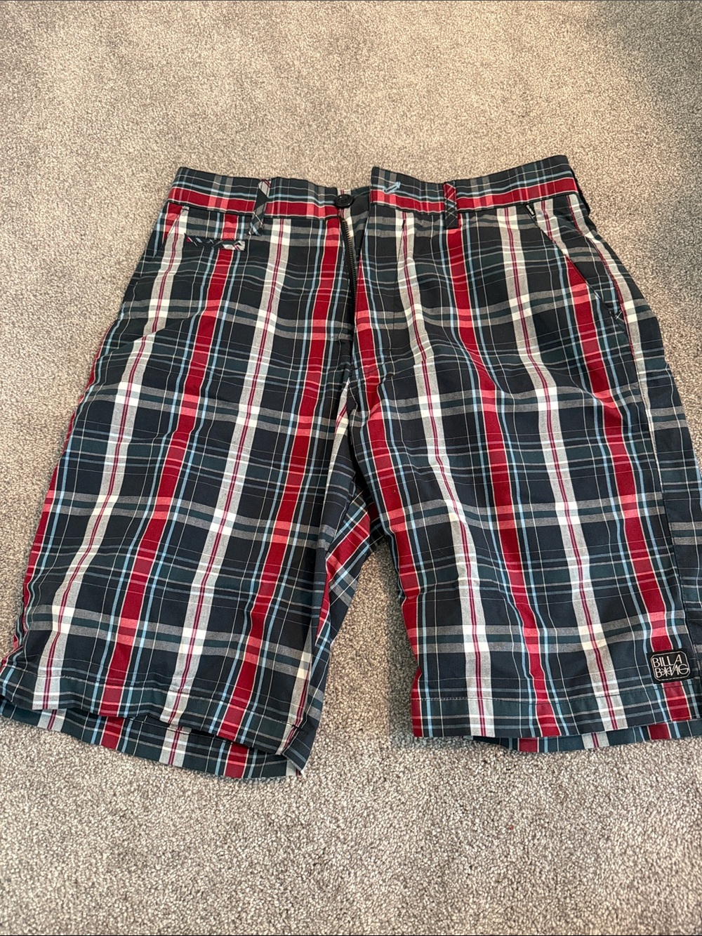 Billabong Men's Plaid Flat Front Shorts - Red, Navy & White